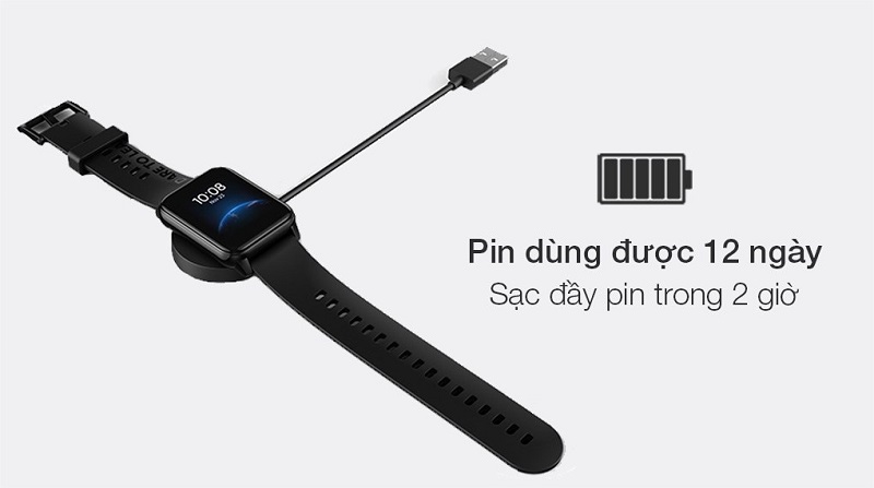 Realme Watch 2 có dung lượng pin 315 mAh sử dụng xuyên suốt 12 ngày, chỉ mất 2 giờ sạc